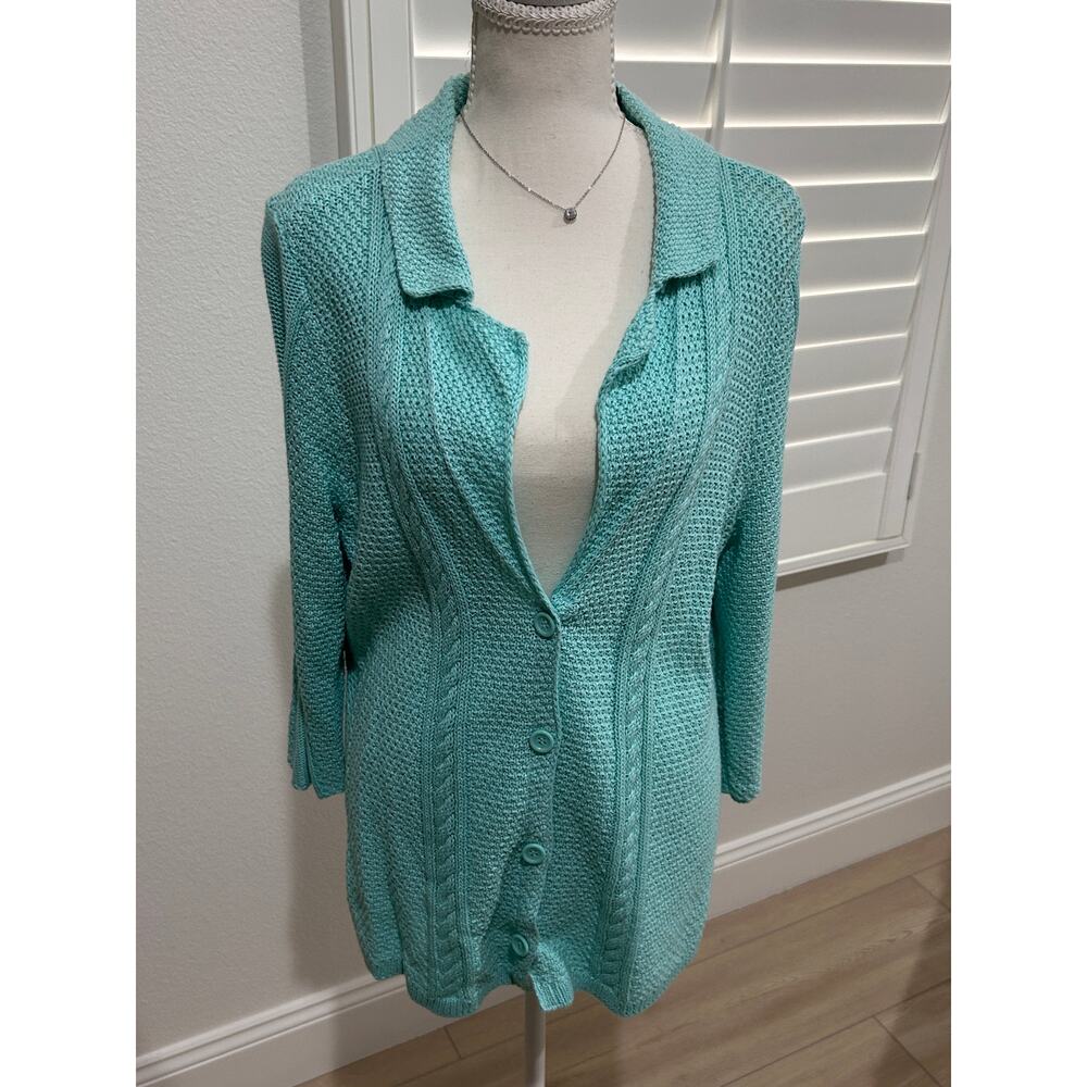 Teal Blue Cable‑Knit Cardigan – Heather B – Women’s XL – Button‑Front